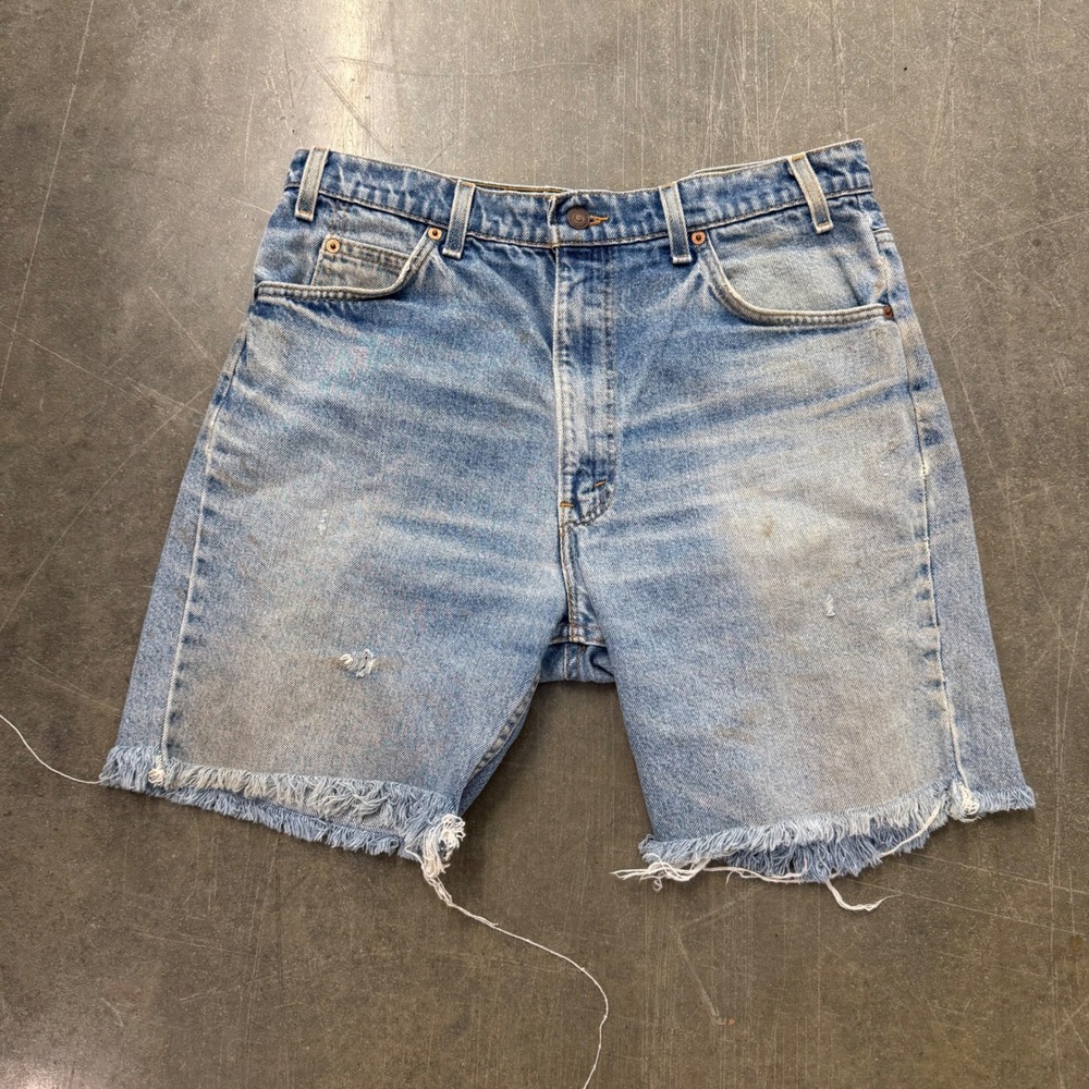 Vintage Levis 505 Orange Tab Cutoff Denim Shorts Light Wash Made in USA Mens 36